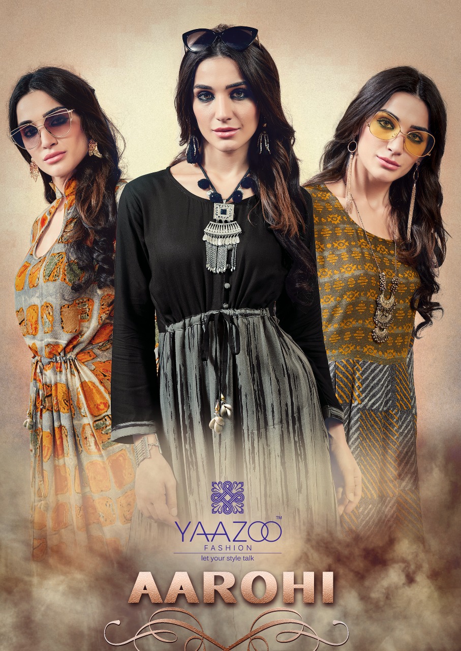 Yaazoo Aarohi Catalog Rayon Prints Exclusive Long Party Wear Kurtis Collection Wholesale Supplier Surat