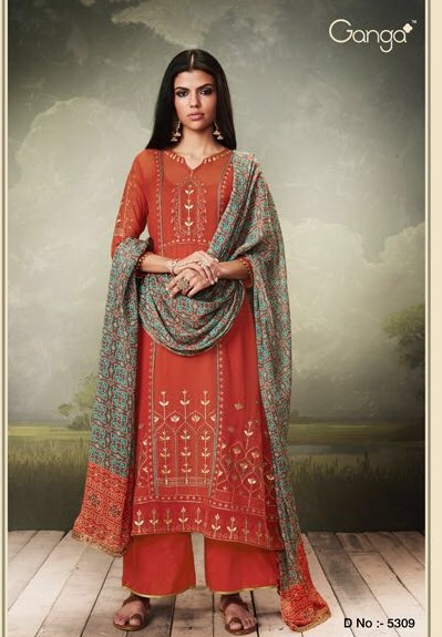 Ganga Heritage Catalog Pure Bemberg Georgette Embroidered With Plazzo Collection Suits By Ganga