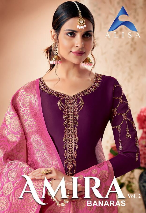 Alisa Presents Amira Banaras Vol 2 Satin Georgette With Heavy Embroidery Banarasi Dupatta Collection Dress Material Wholesale Rate