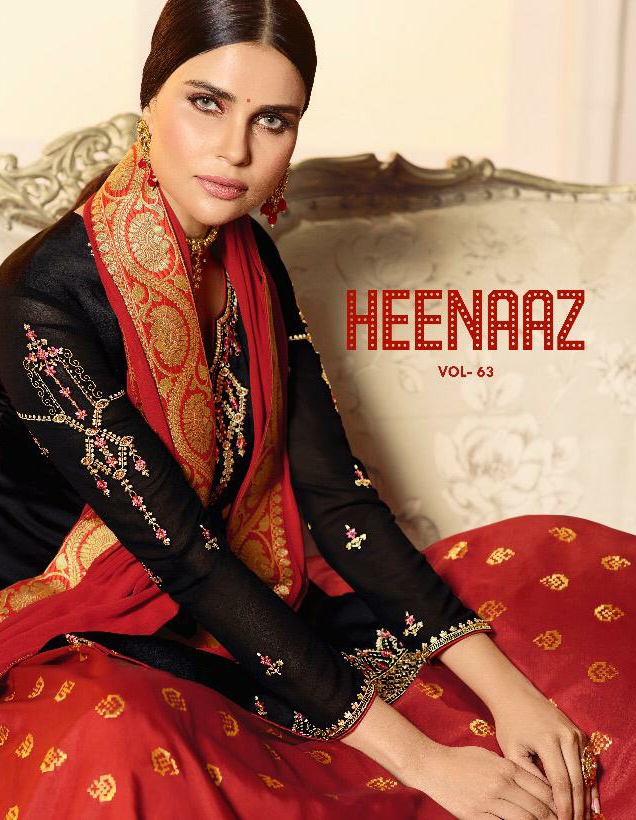 Mf Heenaz Vol 63 Satin Georgette Embroidery Jeqaurd Banarsi Dupatta Suits Wholesale Rate