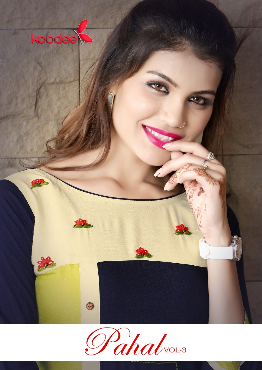 Koodee Pahal Vol 3 Catalogue Rayon With Hand Work Wholesale Kurtis Collection From Surat