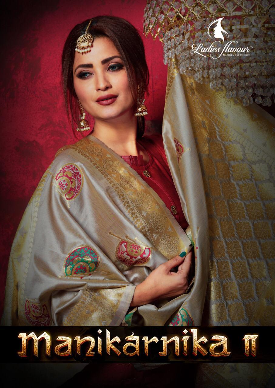 Ladies Flavour Manikarnika Catalogue Exclusive Jam Silk Top With Jequard Dupatta Collection Cheapest Rates From Surat