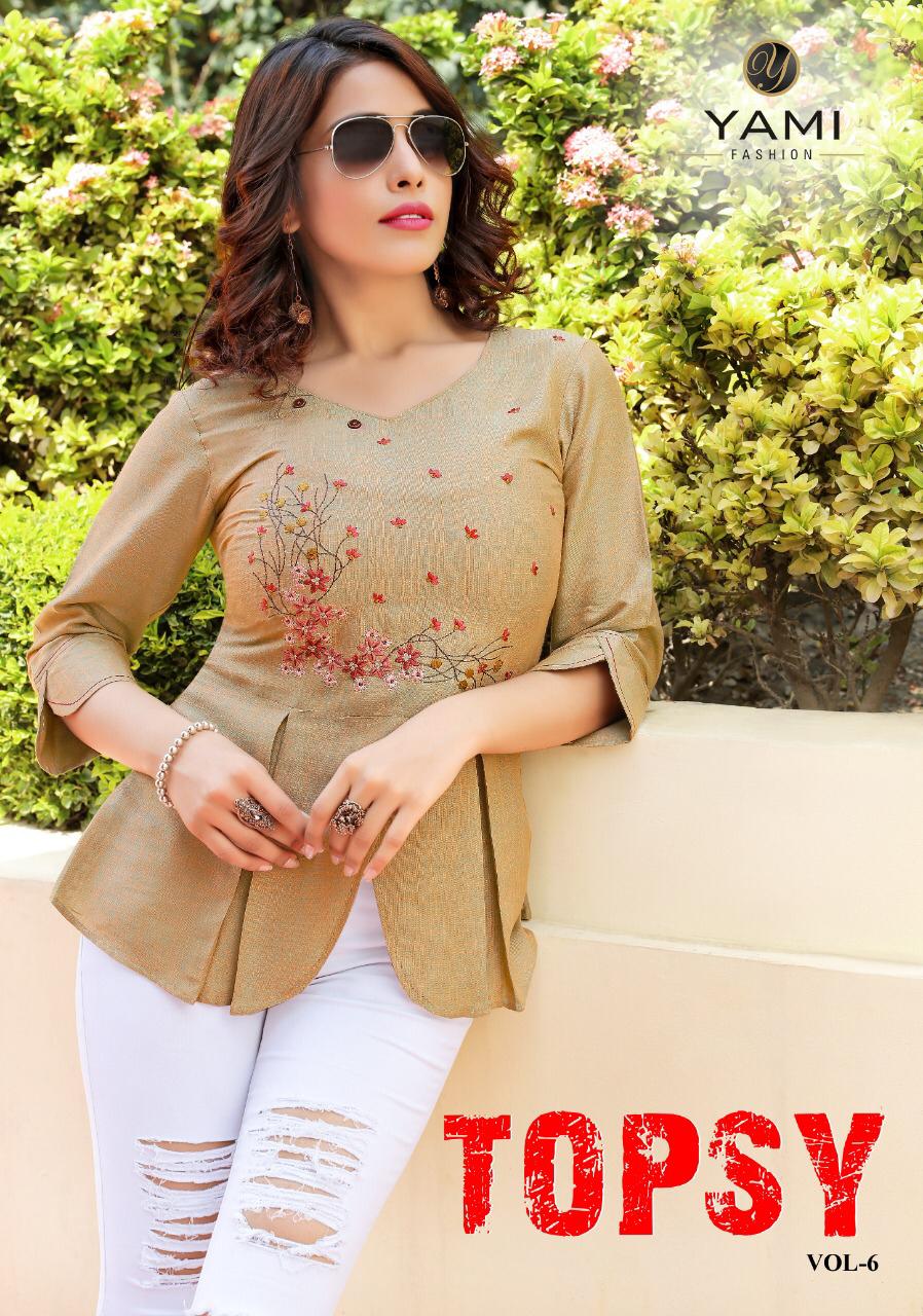 Yami Fashion Topsy Vol 6 Fancy Rayon With Embroidery Work Short Tops Collection Wholesale Supplier From Surat