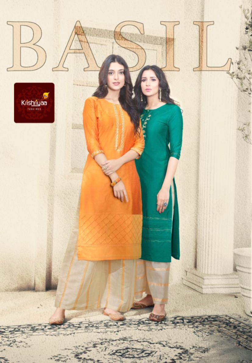 Krishriyaa Basil Catalogue Two Tone Silk With Cotton Linen Kurtis With Plazzo Set Wholesale Collection From Surat