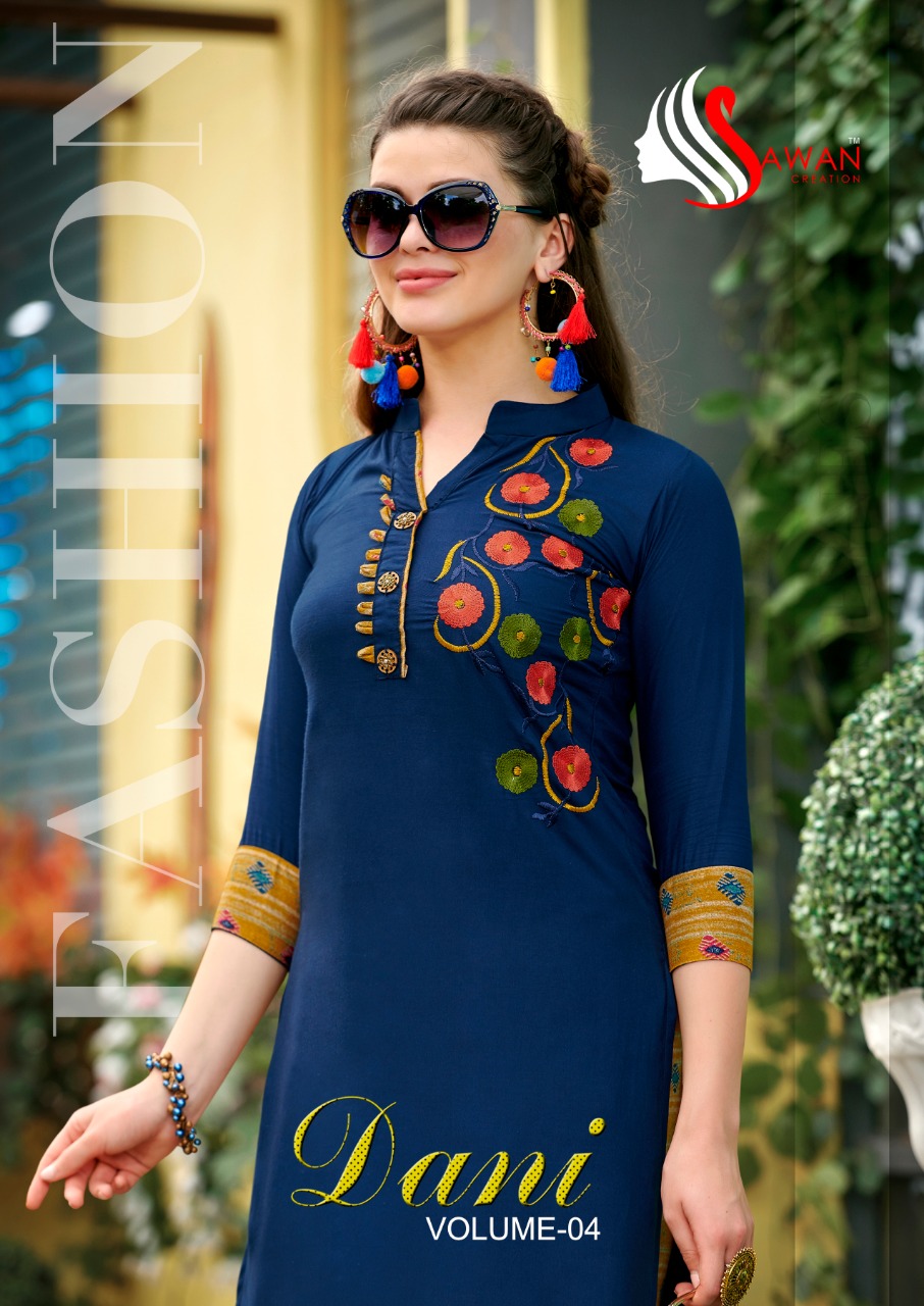 Sawan Creation Dani Vol 4 Catalogue Rayon Embroidery Work Kurtis With Plazzo Collection Wholesale Dealer From Surat