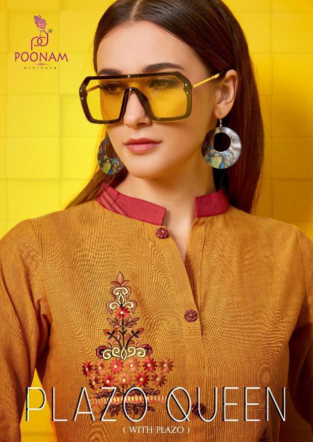 Poonam Plazo Queen Catalogue Wholesale Cotton Embroidery Work Kurtis With Plazzo Collection Surat