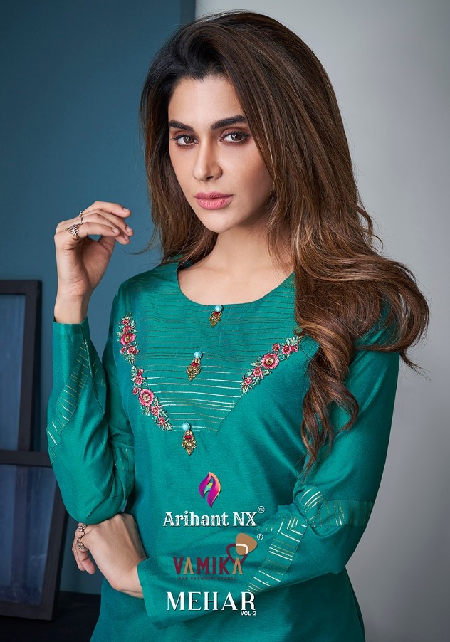 Arihant Vamika Mehar Vol-2 209-216 Series Fancy Silk Kurtis With Plazzo Catalogue Wholesale Price