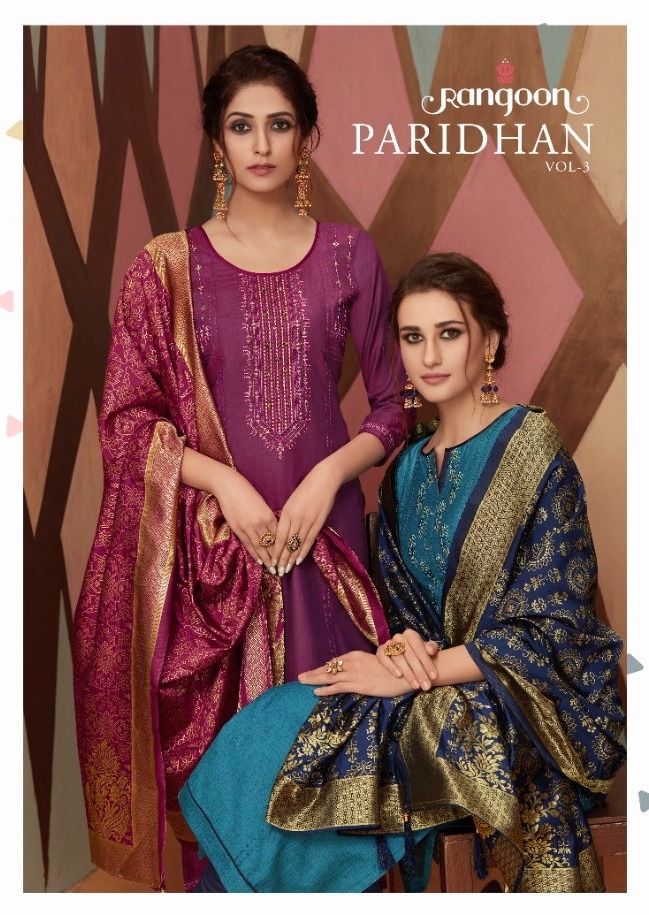 Rangoon Paridhan Vol-3 Kessi Fabrics 2431-2438 Series Fancy Silk Full Stitch Suits Best Rates Collection