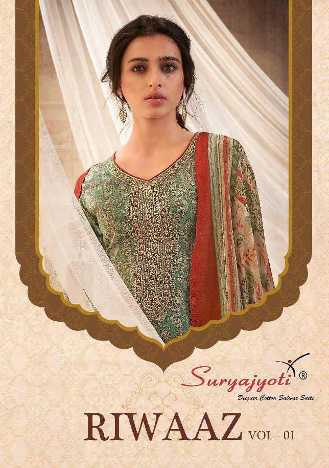 Suryajyoti Riwaaz Vol-1 Fancy Satin Cotton Work Suits Collection Wholesale Rates Surat