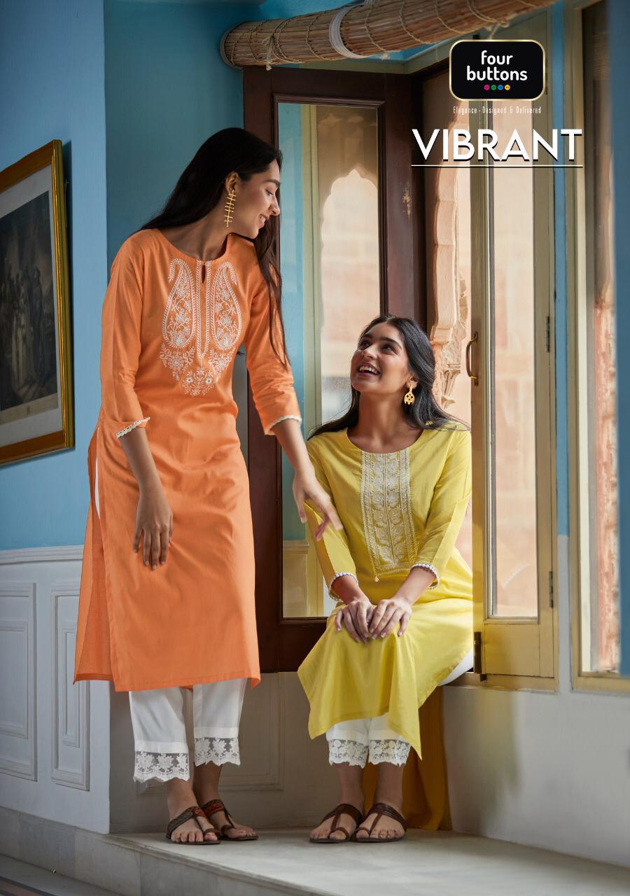 Four Button Vibrant Designer Wear Kurtis With Pant Collection Wholesale Price Seller In Surat