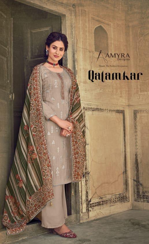 Aamyra Designer Qalamkar 501-504 Series Chinon Silk Fancy Look Embroidered Party Wear Suits Wholesale