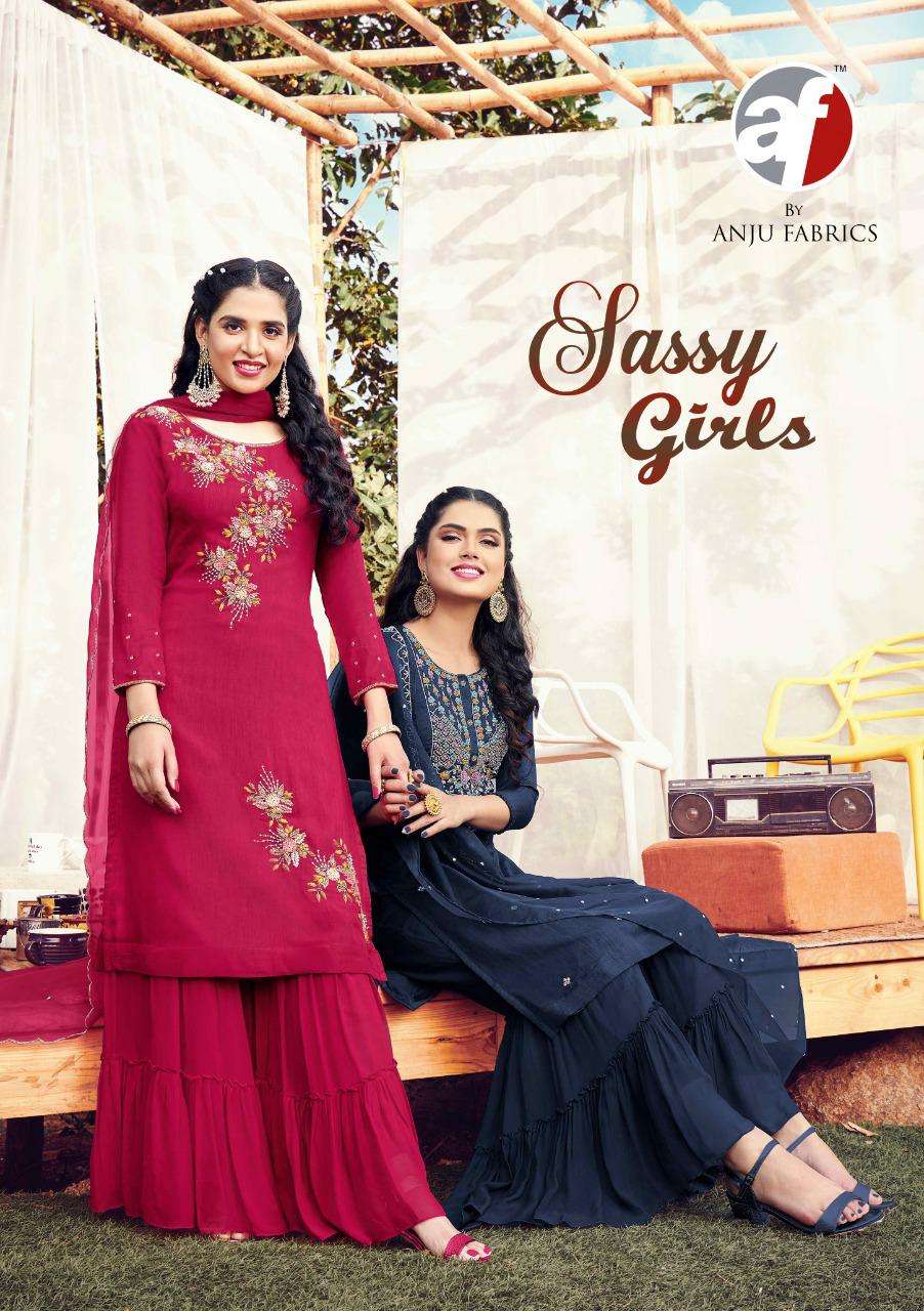 anju fabrics sassy girls 7021-7027 party wear kurti catalogue online