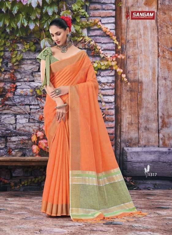 sangam prints rithika 1313-1318 series linen fabric saree wholesale price
