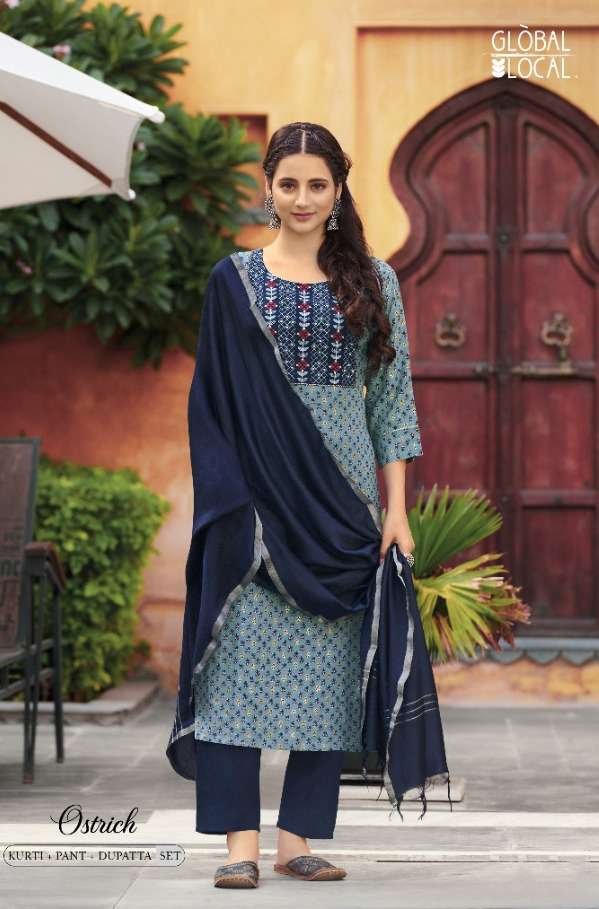 global local ostrich liva rayon kurtis with pants and fancy dupatta set wholesale price surat