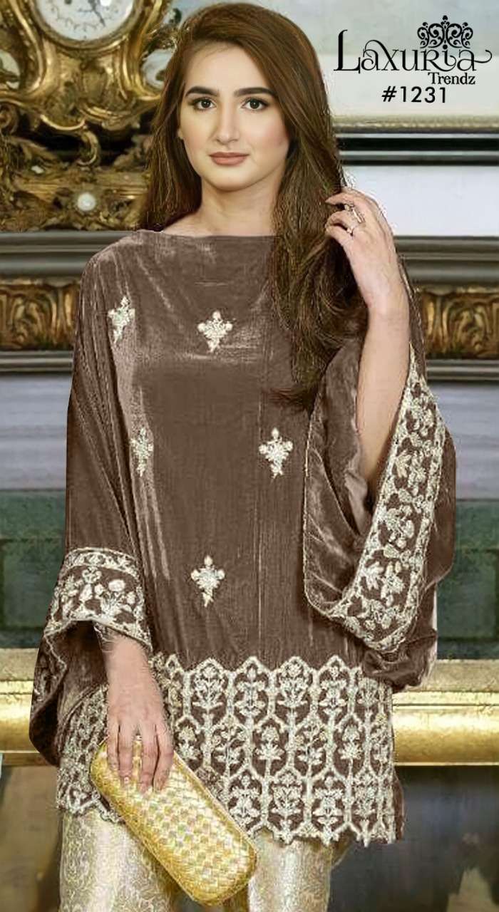 laxuria trendz 1231 velvet designer embroidered tunic collection wholesale price surat