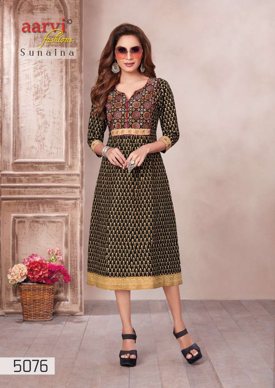 aarvi fashion sunaina vol-1 5075-5079 series fancy designer kurtis catalogue online dealer surat 