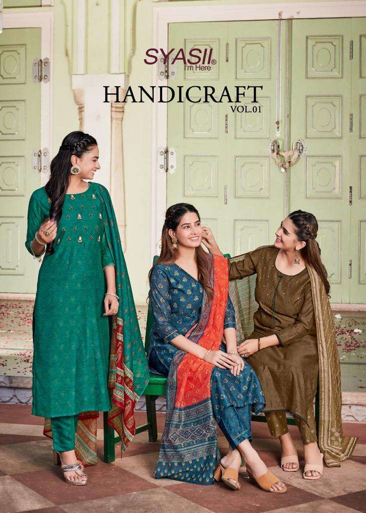 syasii designer handicraft vol-1 1001-1006 series exclusive designer kurti pant with dupatta new catalogue 