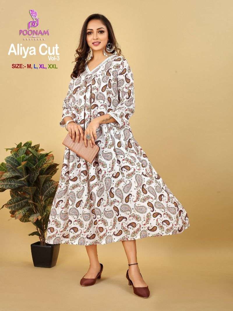 poonam designer aliya cut vol-3 1001-1004 series imported viscose printed rayon fabric aliya cut gown catalogue design 2023