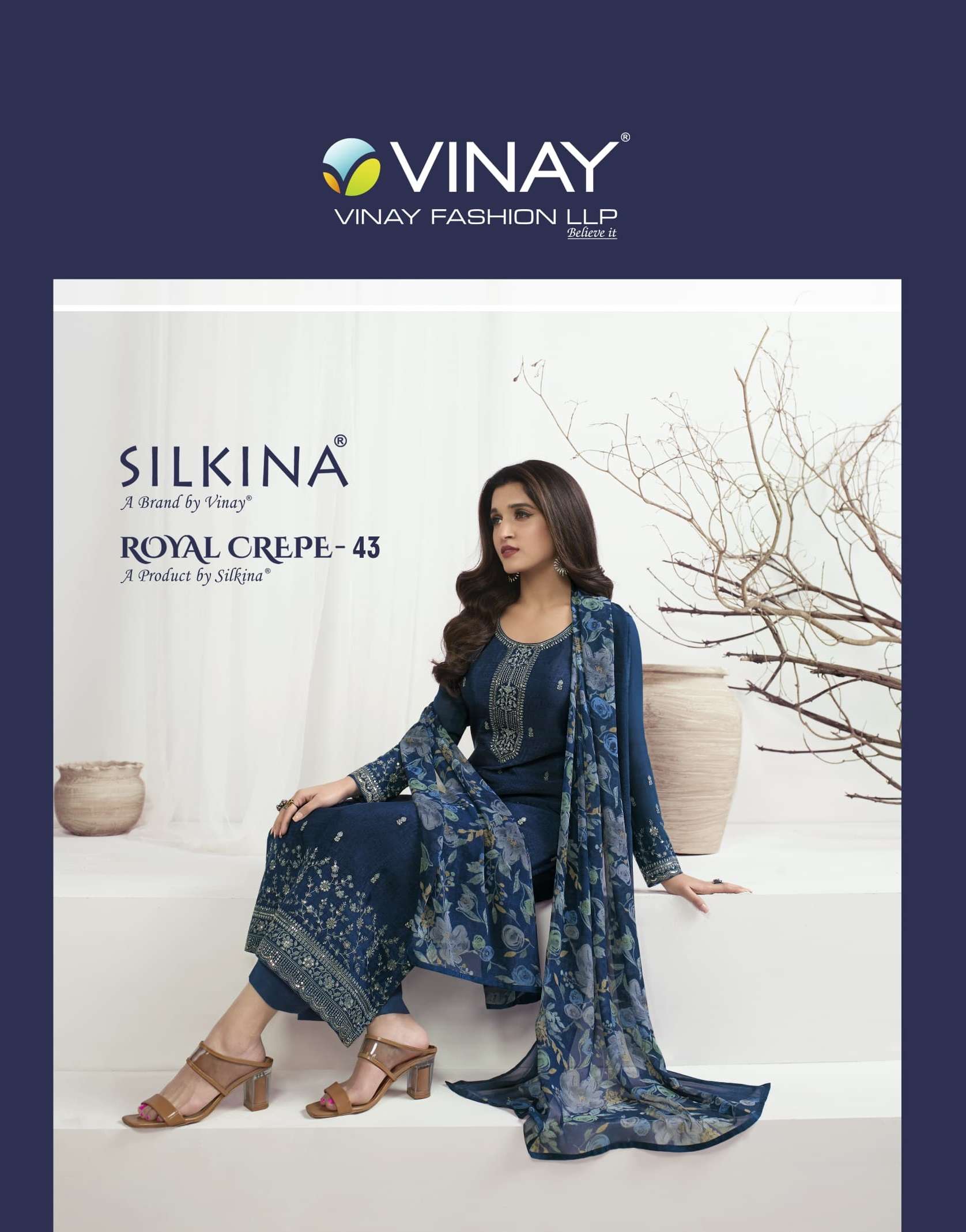 vinay fashion silkina royal crepe vol-43 64321-64328 series latest salwar kameez wholesaler surat gujarat