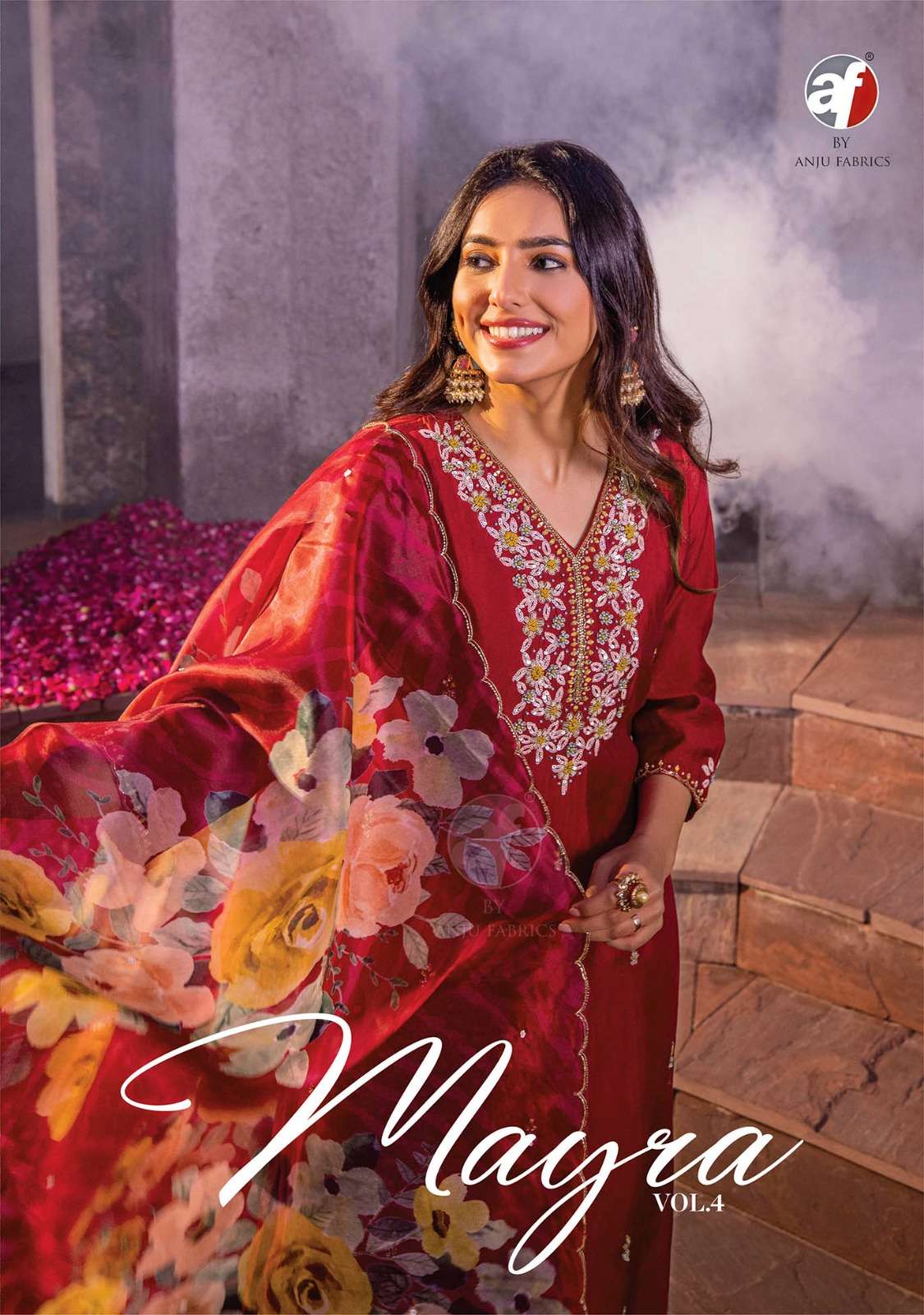 anju fabrics mayra vol-4 3651-3656 series fancy kurti pant with heavy dupatta latest catalogue surat gujrat