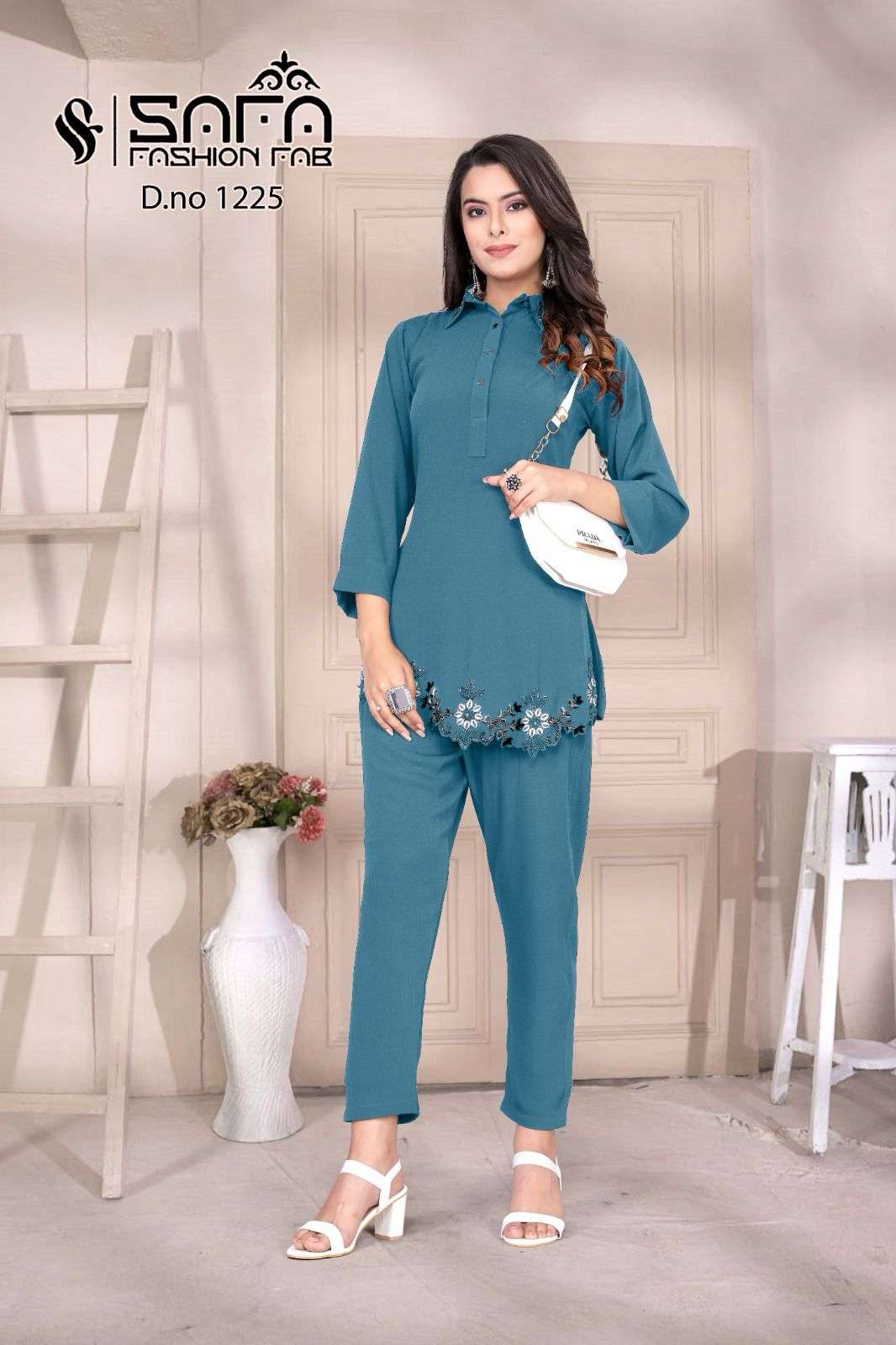 safa 1225 series exclusive fancy designer embroidred tuni with cigarette pants set to set collection wholesale dealer surat 