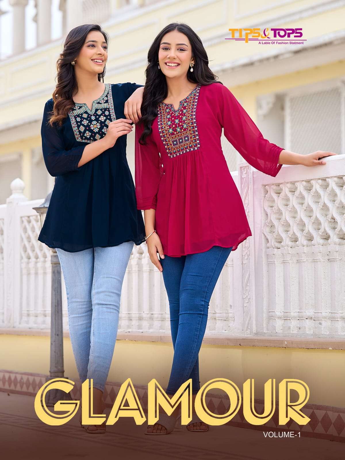 tips&tops glamour vol-1 101-106 series heavy georgette designer short tops catalogue manufacturer surat gujrat