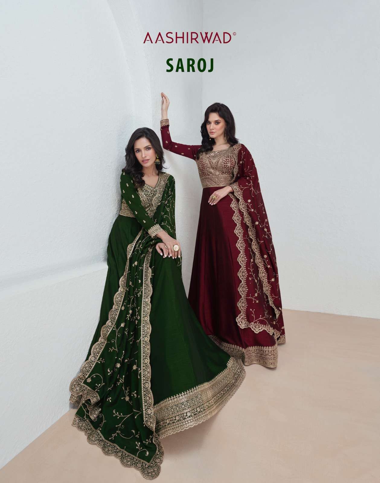 aashirwad creation saroj 9943-9947 series premium silk designer party wear dress catalogue wholesaler surat gujarat
