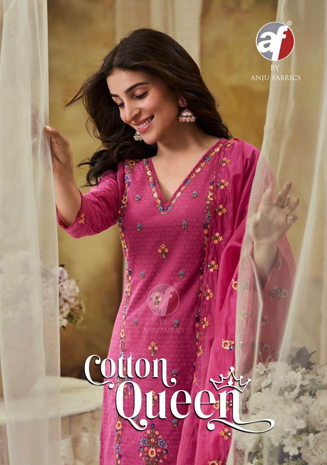 anju fabrics cotton queen 3741-3745 series heavy embroidery with highlight hand work designer kurtis set online collection surat gujarat