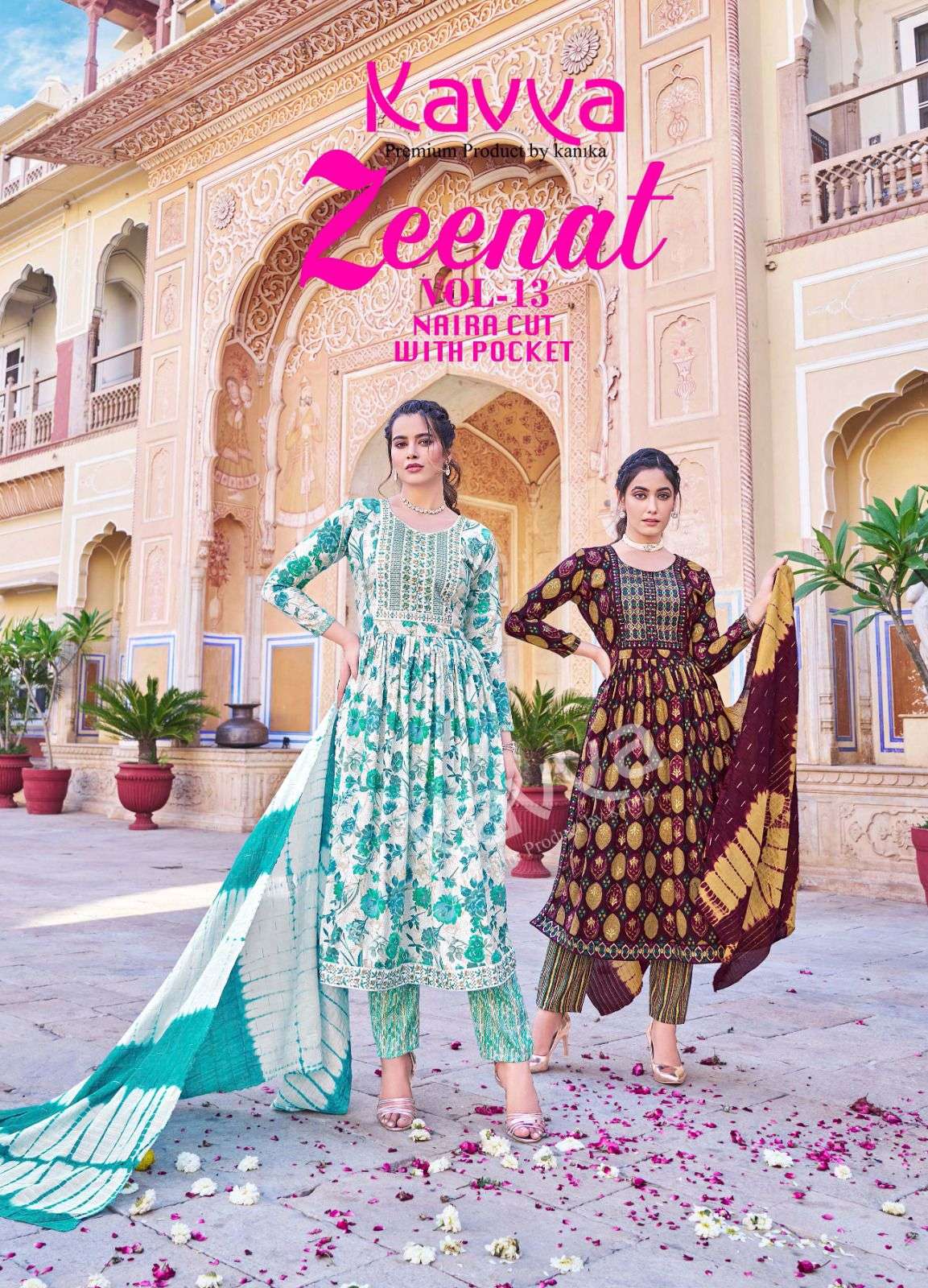 kavya zeenat vol 13 13001-13010 series designer capsuile print nayra cut ready to wear suits online shopping wholesaler surat 