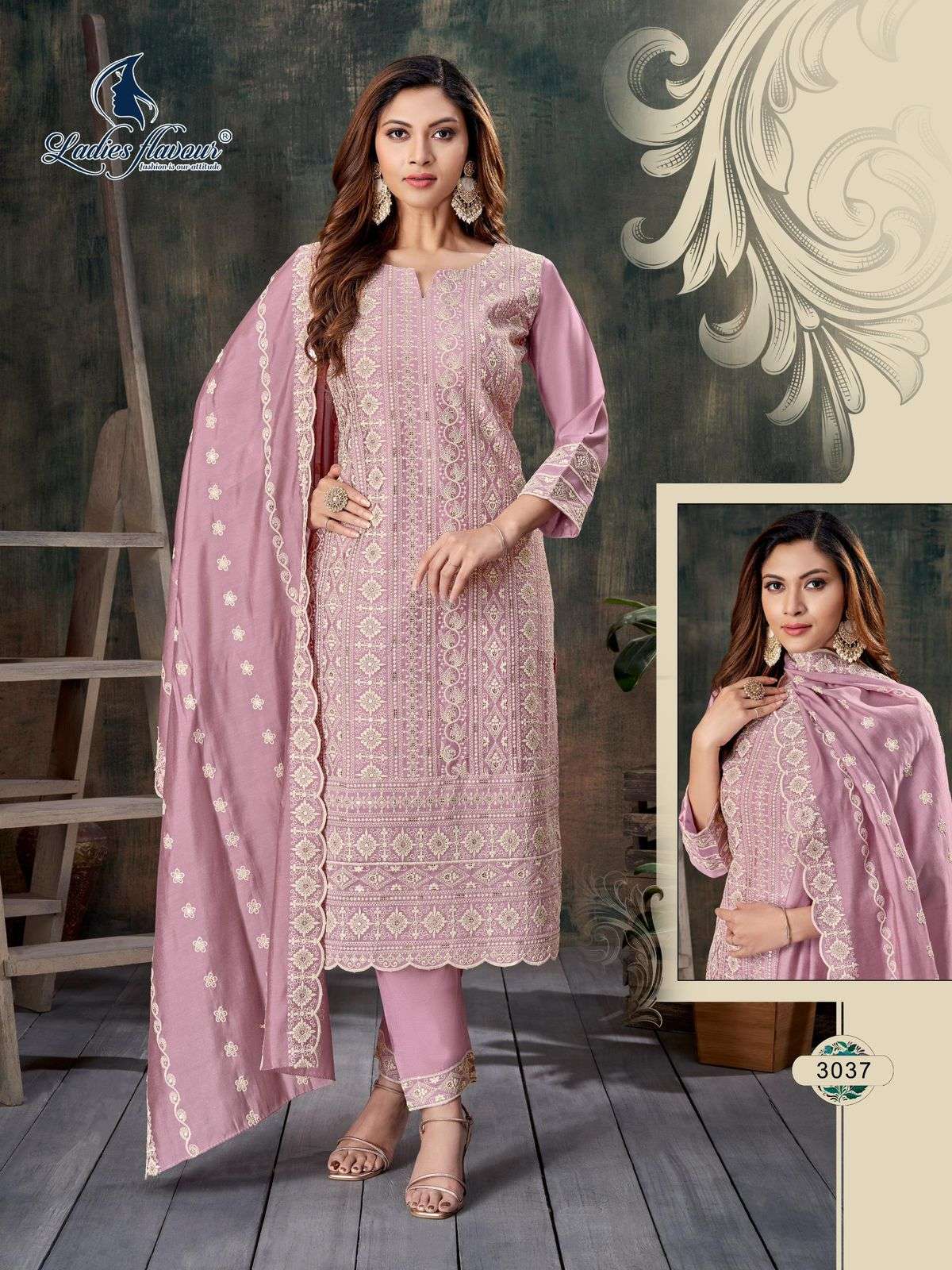 ladies flavour 3036-3038 exclusive party wear stich roman silk shifali work suits buy online shopping surat 