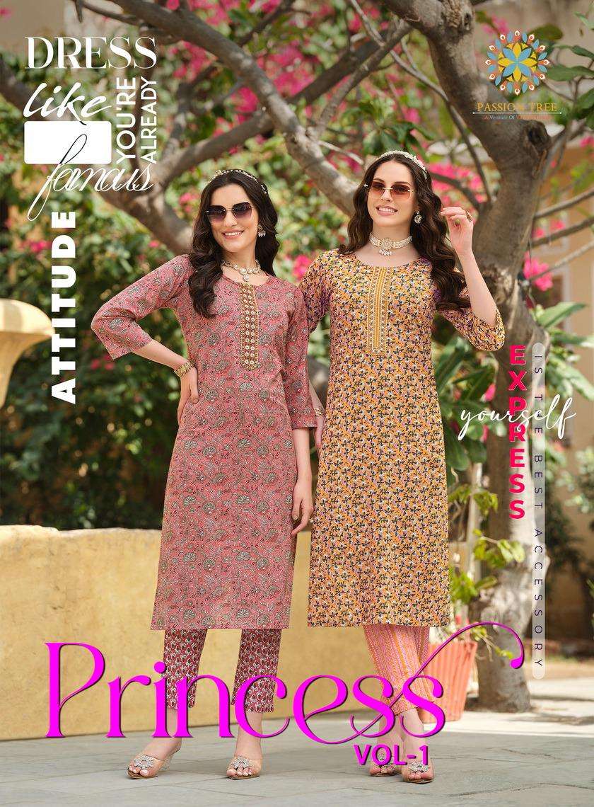 passion tree princess vol 1 1001-1008 series cotton embroidred straight kurti pant set wholesale dealer surat