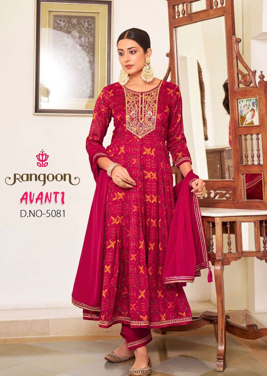 rangoon avanti 5081-5084 series exclusive party wear anarkali style ready made silk suits buy wholesaler surat 