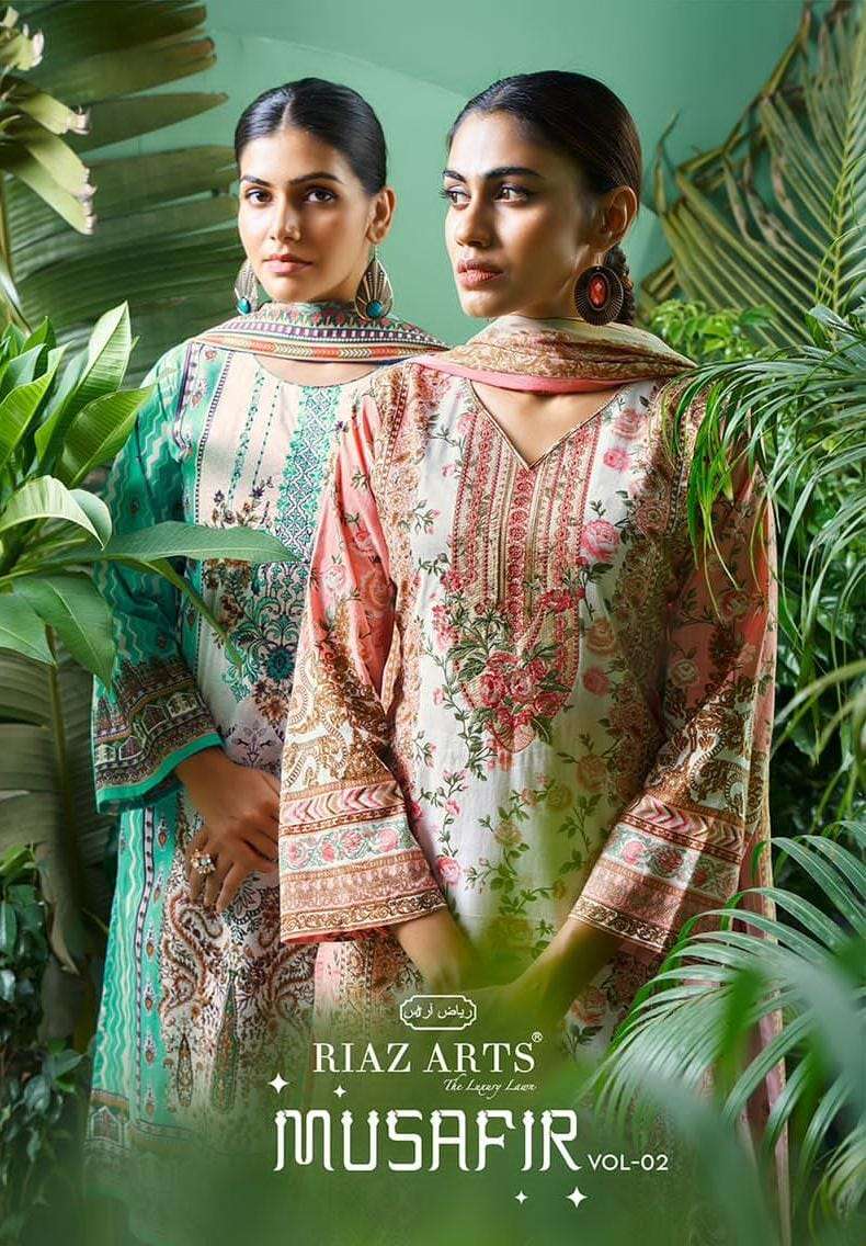 riaz arts musafir vol 2 2601-2608 series lawn cambric emdroidred party wear salwar kameez karachi style collection 