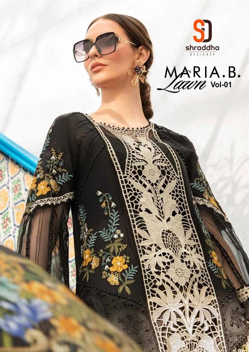shraddha designer maria b lawn vol-1 1001-1006 series pure cotton pakistani salwar kameez catalogue surat gujarat