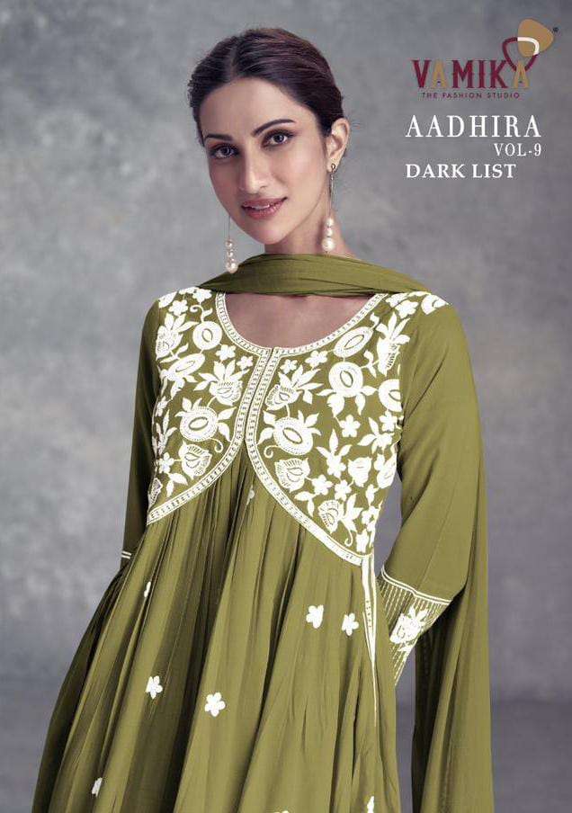 aadhira vol-9 dark list by vamika readymade designer nayra cut kurtis catalogue online wholesale supplier surat gujarat 