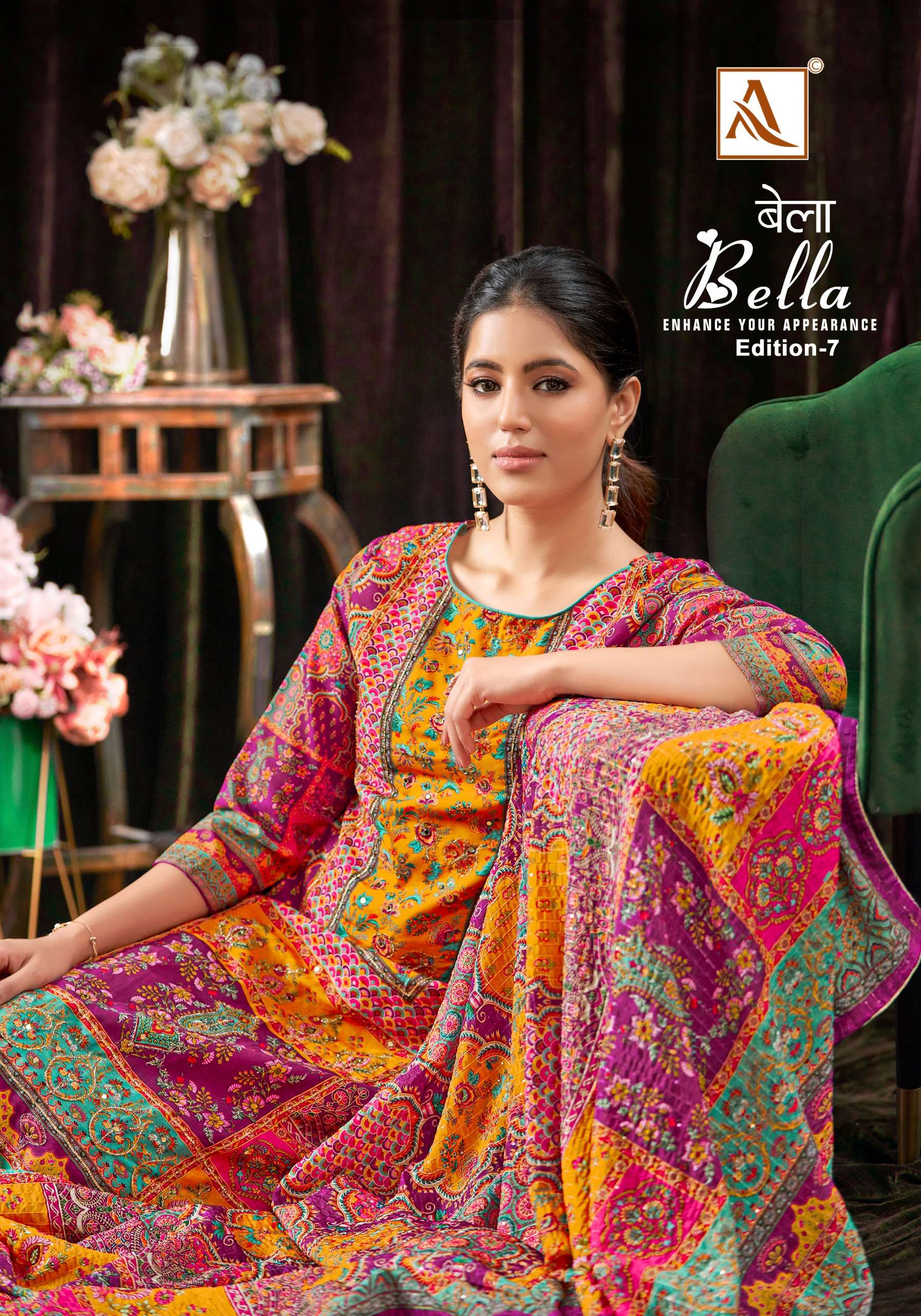 alok suit bella edition vol-7 handwork with digital print salwar kameez catalogue manufacturer surat gujarat 