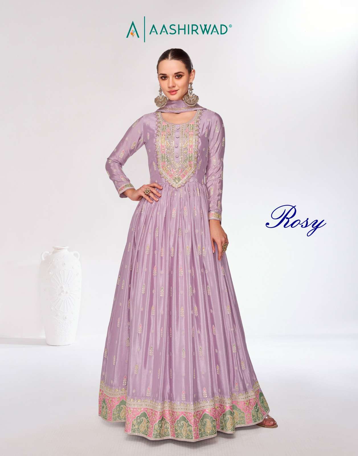 aashirwad creation rosy 9980-9983 series heavy designer party wear dress material catalogue wholesale surat gujarat