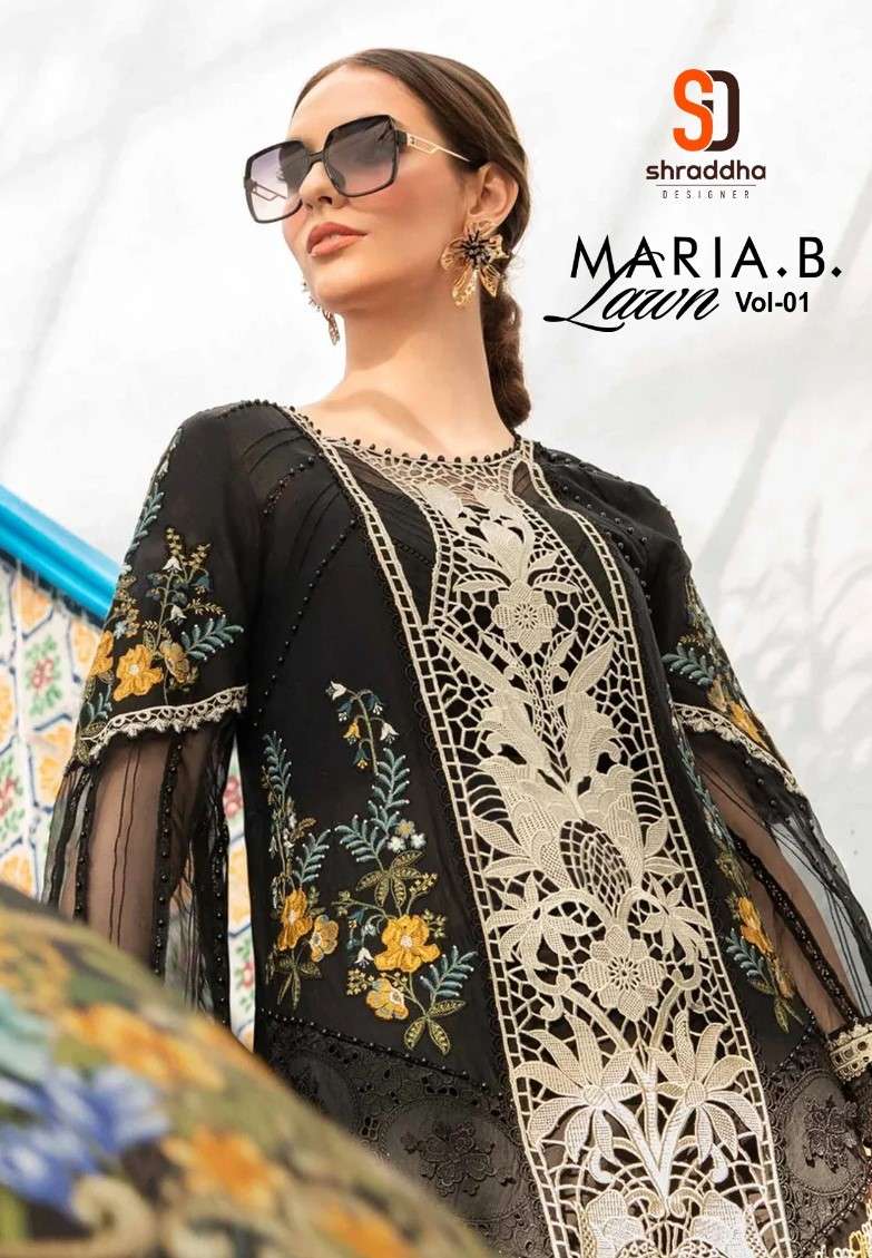 shraddha maria b lawn vol 1 1001-1006 series exclusive pure cotton embroidred chikan unstich suits by online dealer surat