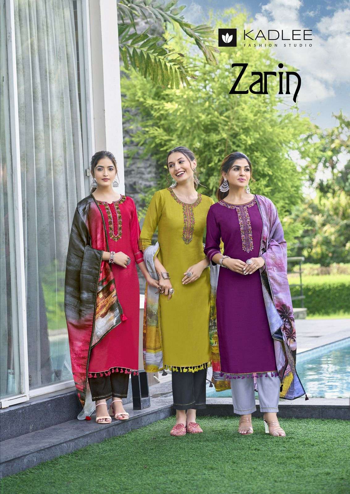 kadlee zarin 1001-1006 series designer womens kurti with pant and dupatta at wholesale rate surat gujarat 