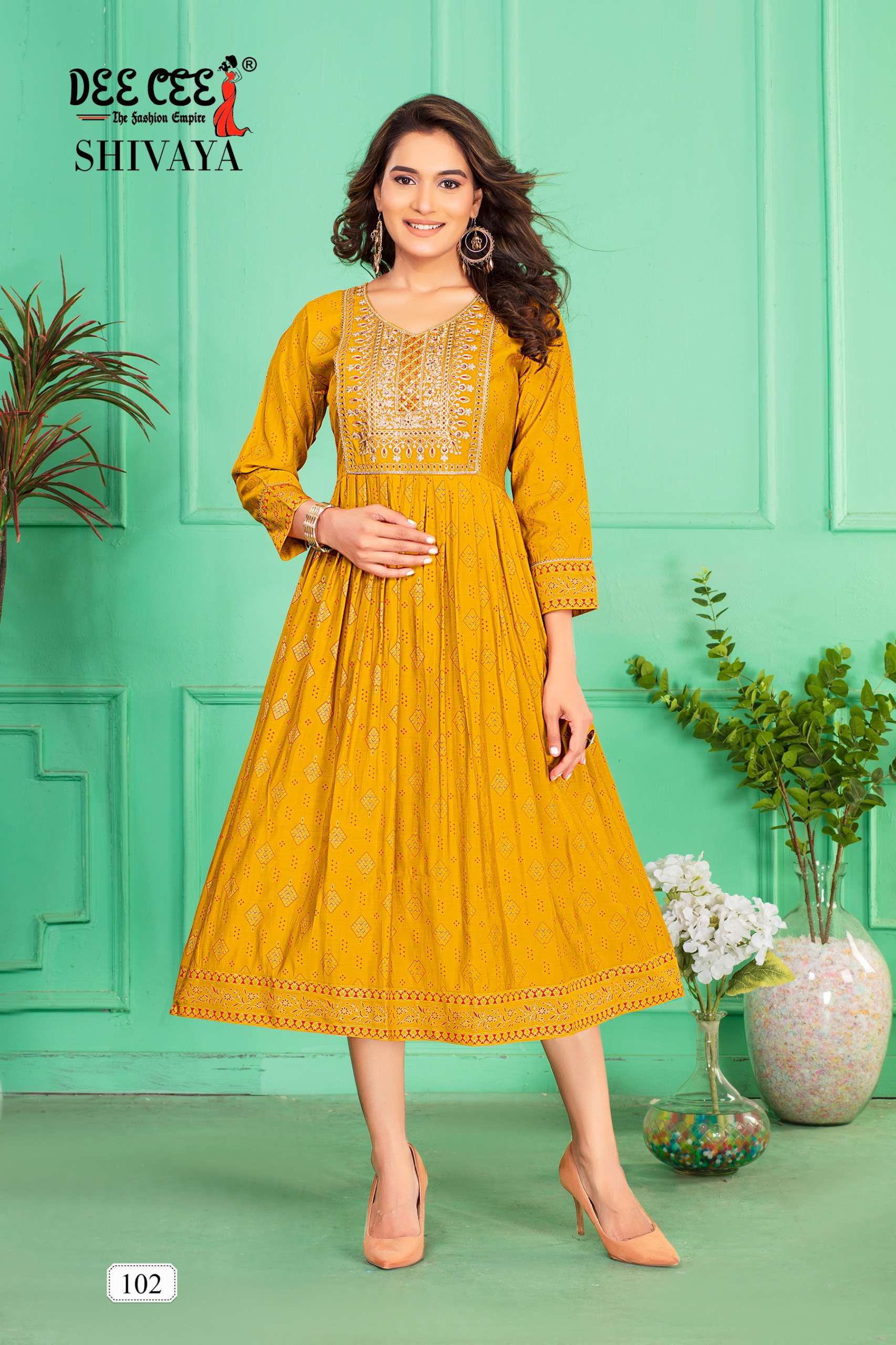 deecee shivaya 101-106 series screen printed long kurtis catalogue online dealer surat gujarat 