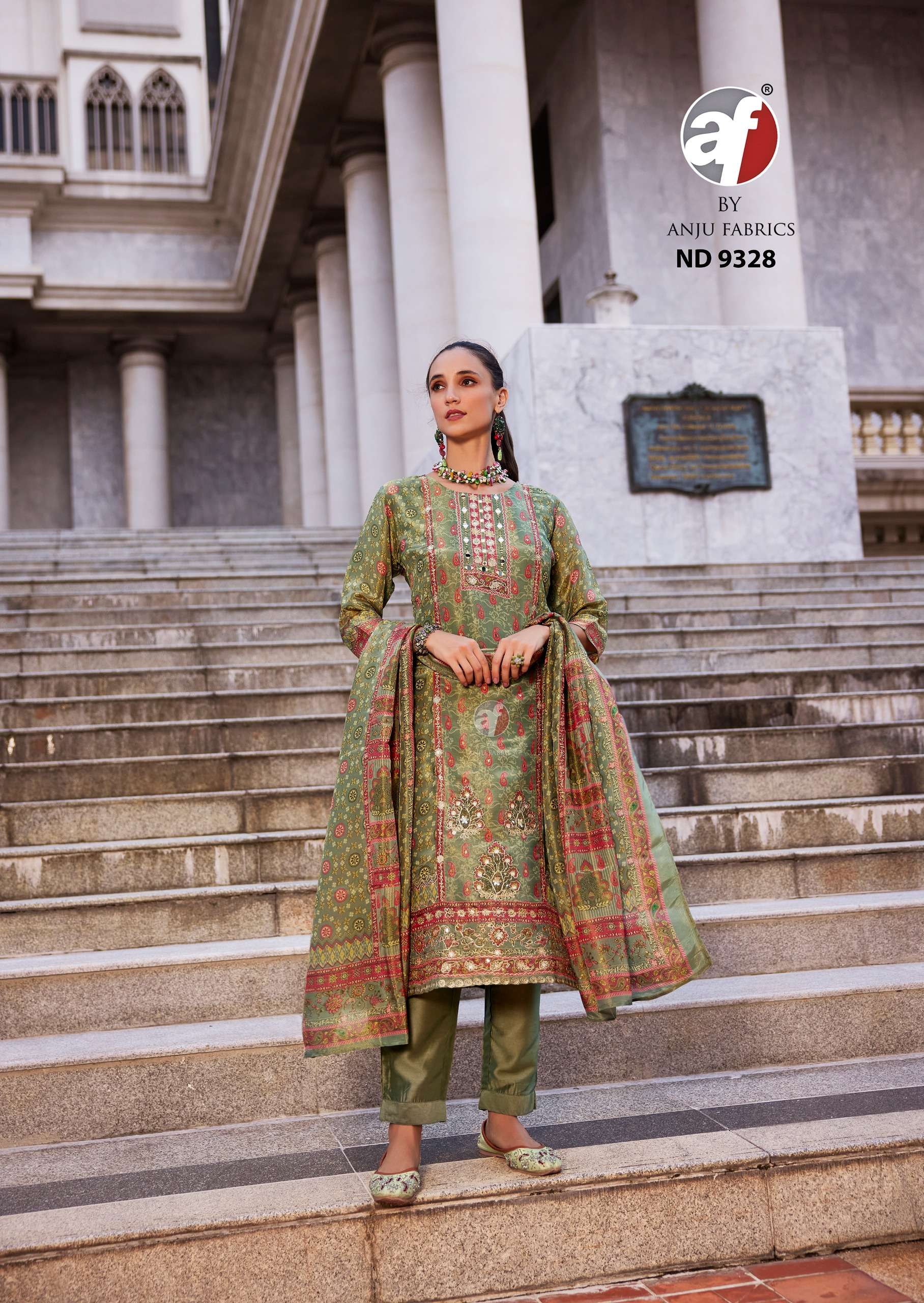 anju fabric 9328 party wear tissue shimmer blanded designer stich salwar kameez size set to set collection 