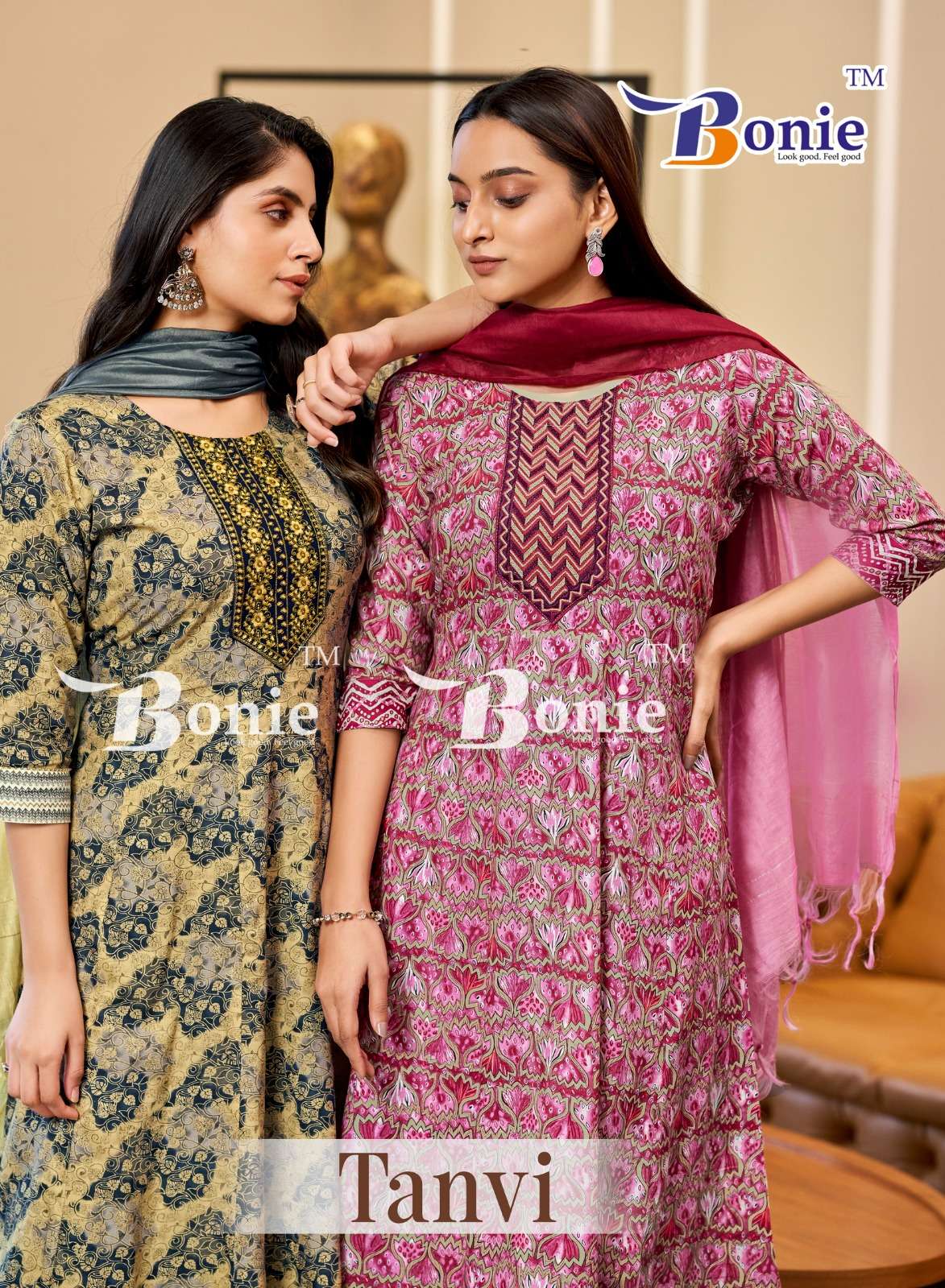 bonie tanvi 1001-1007 series anarkali kurti pant with dupatta set wholesale rate surat gujarat 