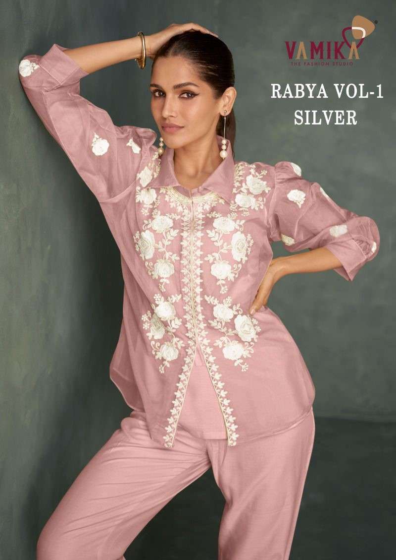 vamika rabya vol-1 silver heavy organza embroidered top with pant cord set wholesaler price surat 