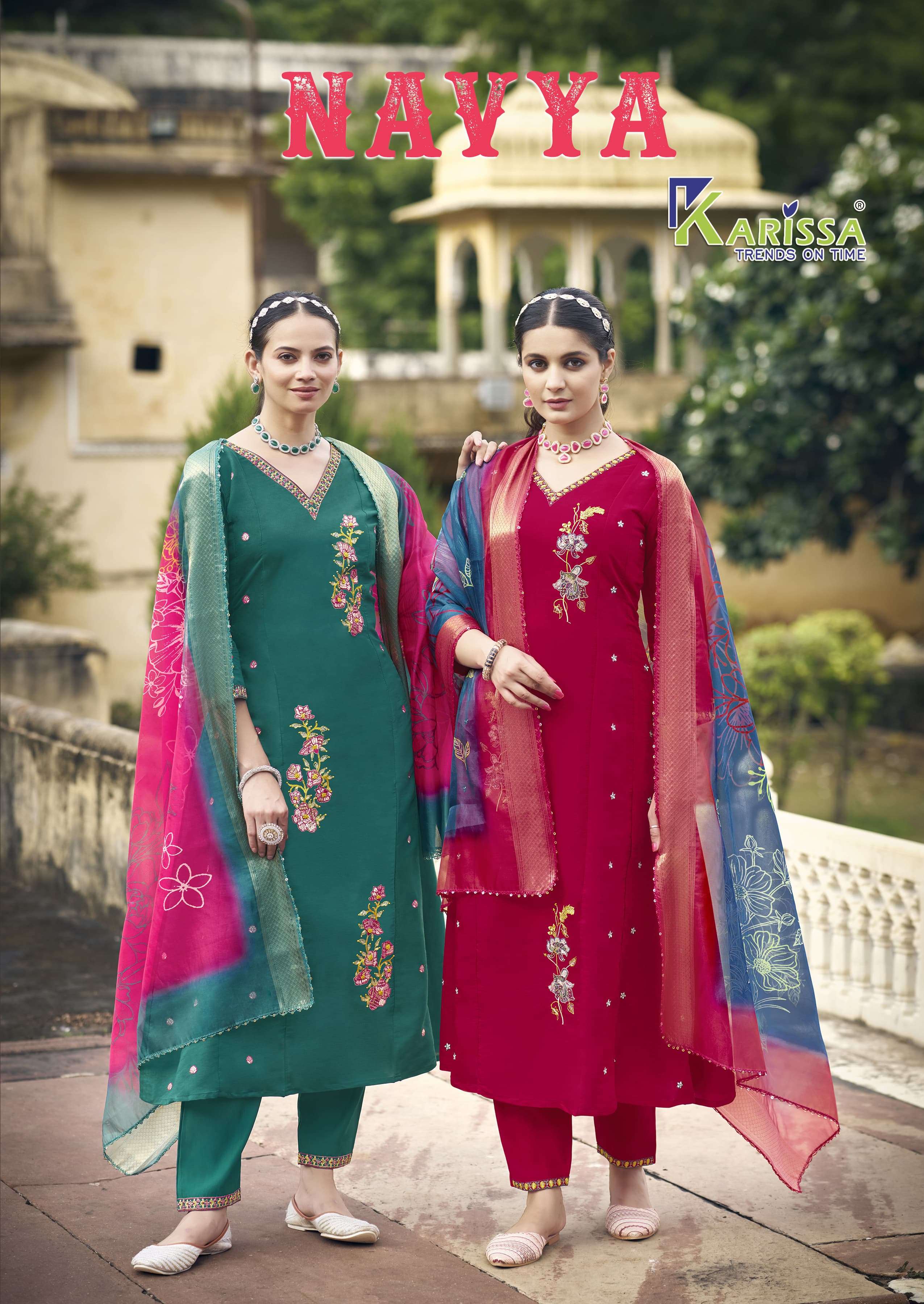 karissa trends navya 1001-1004 series viscose roman silk kurti pant with dupatta set wholesaler surat 