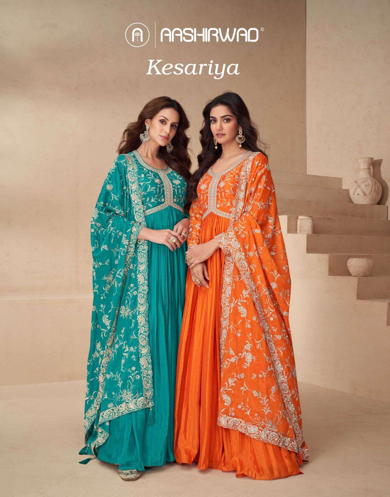 aashirwad creation kesariya 10140-10143 series pure chinon silk party wear salwar kameez wholesale price surat