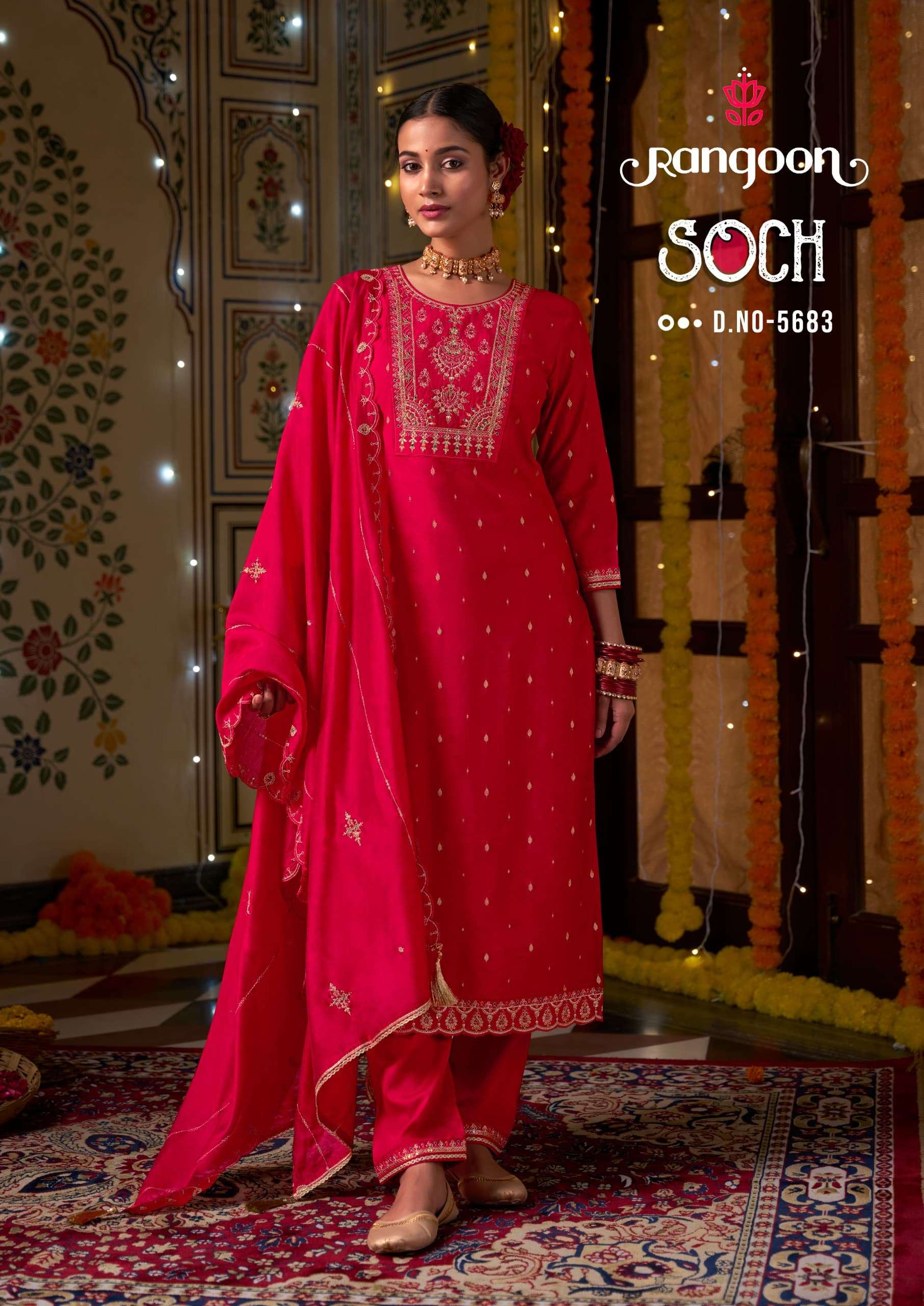 rangoon soch 5681-5684 series viscose jacquard top bottom with chanderi silk dupatta set wedding season special 2024