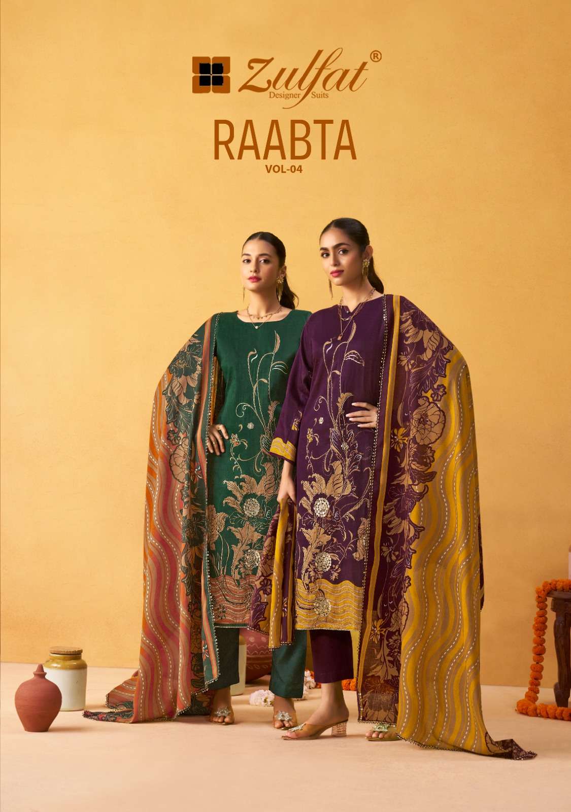 zulfat designer studio raabita vol 4 desginer pure jam cotton heavy hand work salwar kameez online dealer surat 