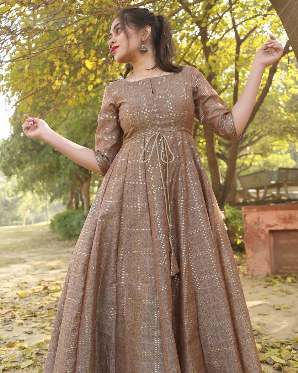 Hand Painted Chanderi Silk Flared Gown in Dark Blue : TBA81