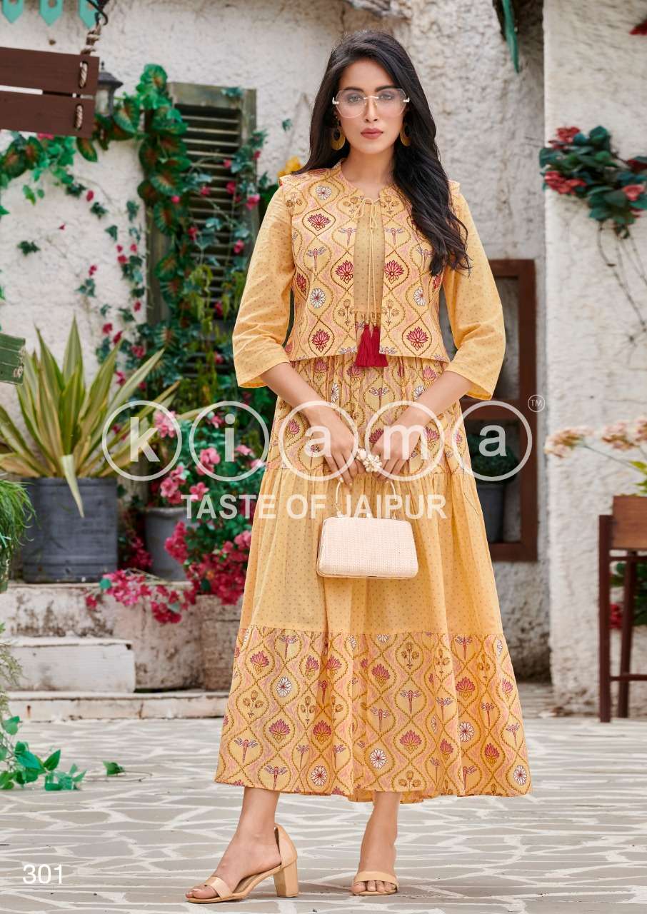 Yellow Flared Anarkali Kurti in Georgette with Embroidery and Jacket
