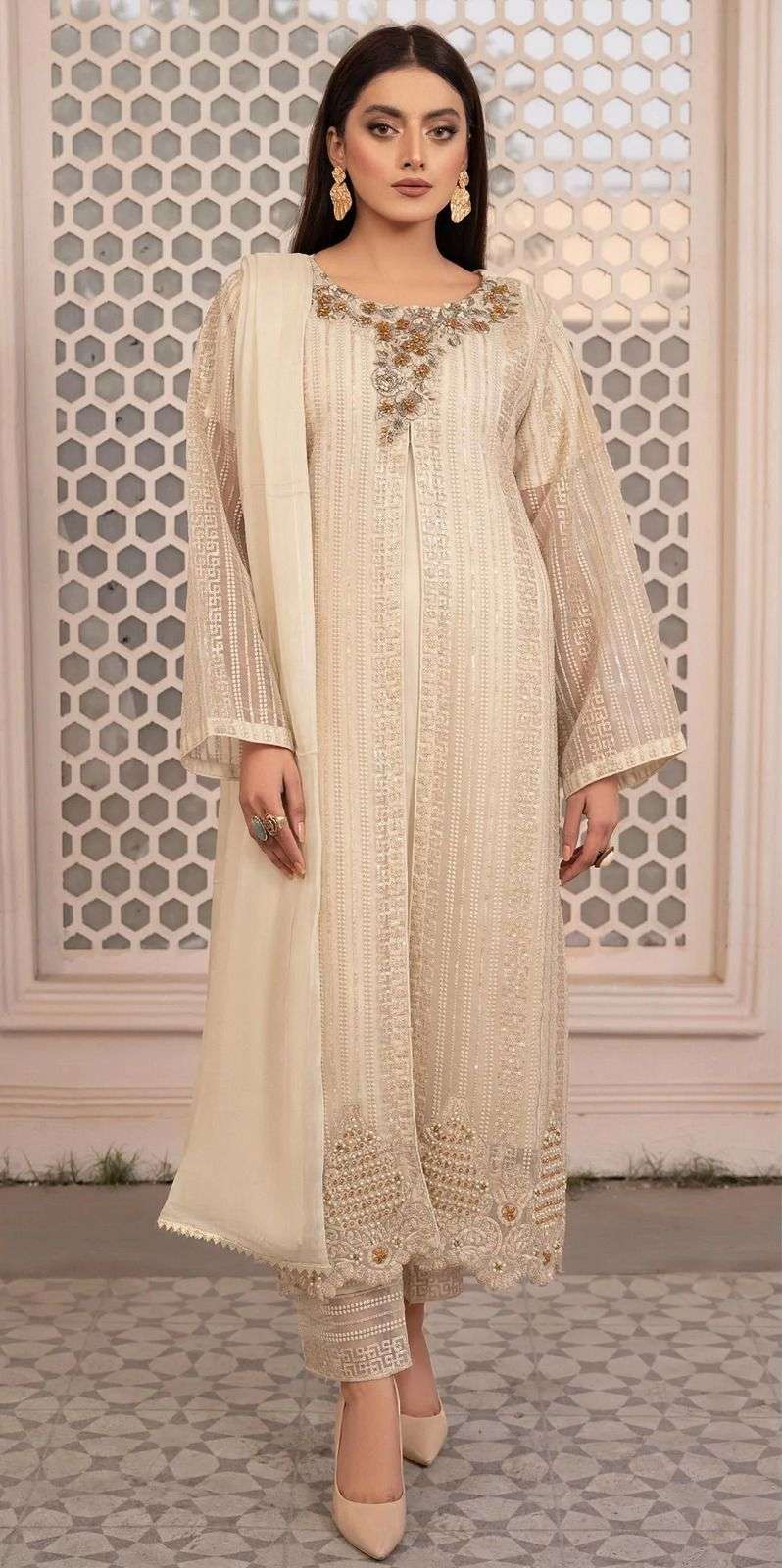 beige color pakistani dresses Golden Beige Lehenga Frock For Pakistani Wedding Dresses – UY Collection